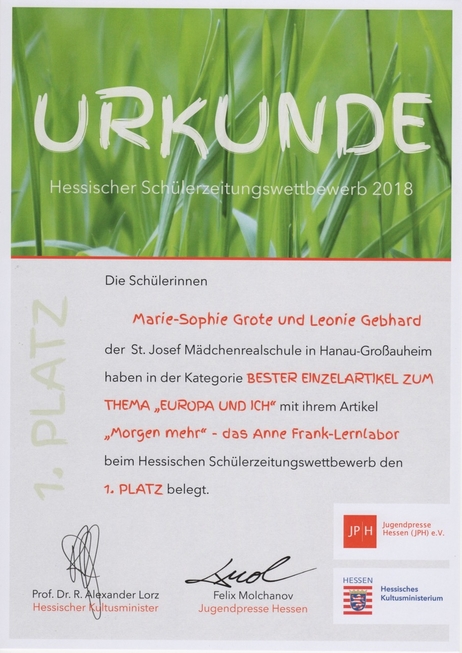 1. Platz beim "Hessischen Schülerzeitungswettbewerb" für JOSEFine